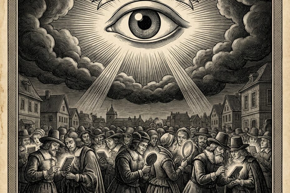 Detailed engraving styled illustration of a giant eye in the sky watching a crowd of people looking at handheld mirrors.