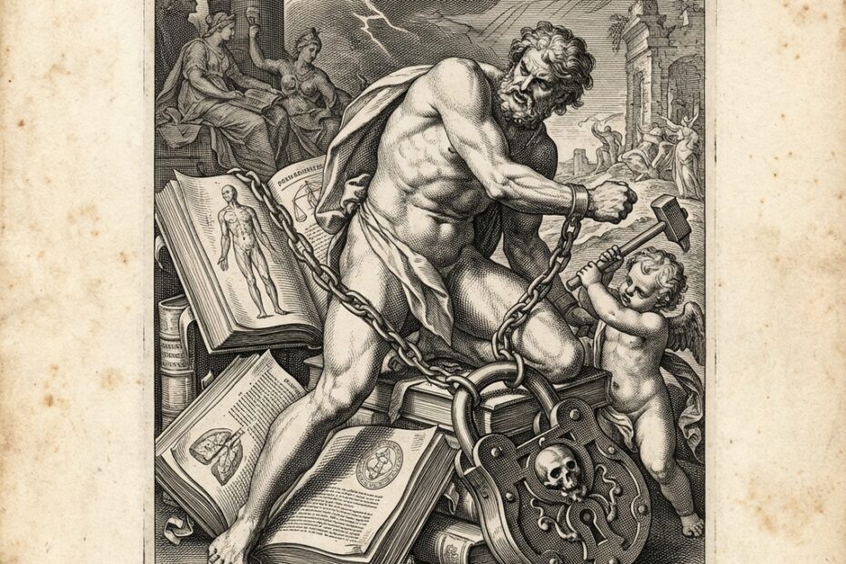 17th-century engraving of a figure breaking chains around banned books.