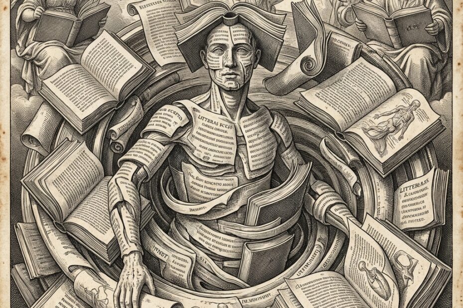 17th-century style engraving depicting a figure formed by books and text, symbolizing how reading shapes identity.