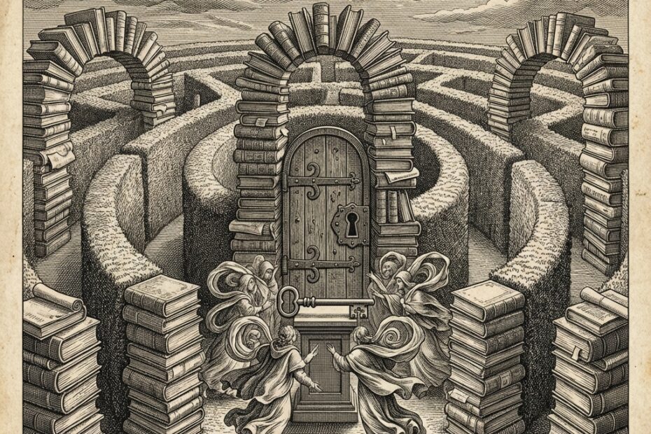 17th-century engraving of a book labyrinth with a locked door, symbolizing the twists of Freida McFadden's thrillers.