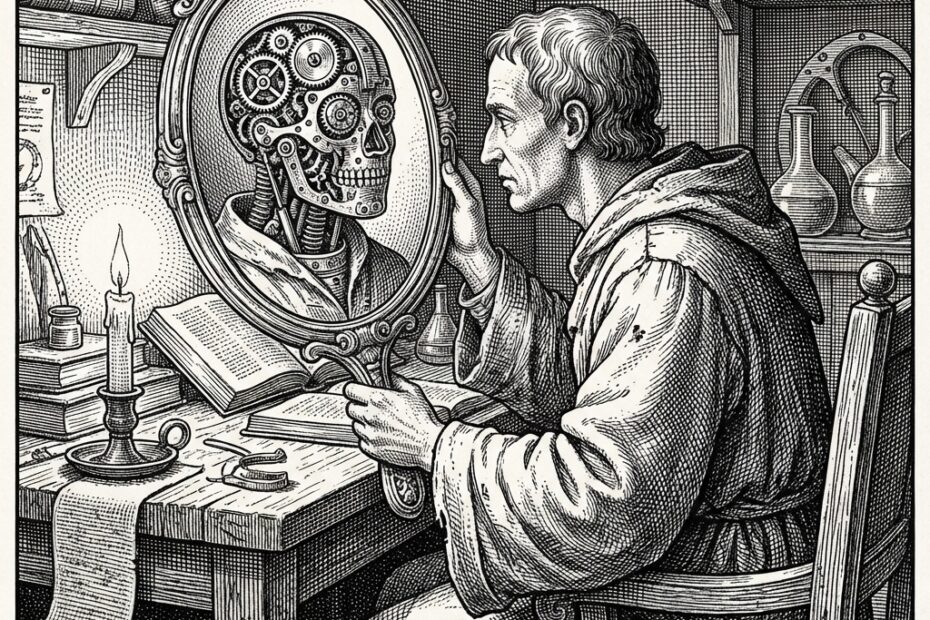 Engraving of a scholar looking into a mirror that reveals a clockwork mechanism inside his head, representing the psychology of the mind.