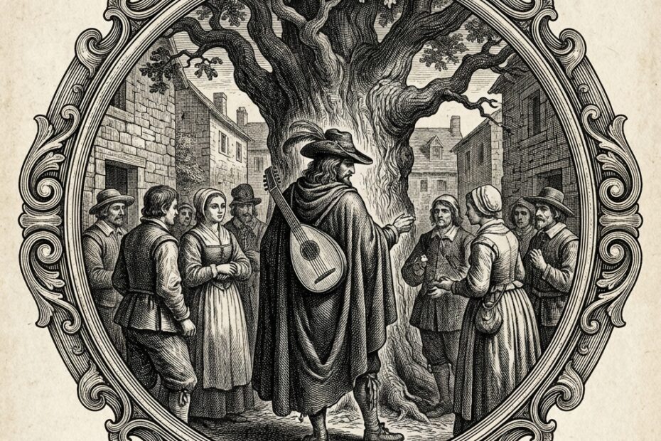 17th century style black and white engraving of wandering minstrel with lute in medieval setting with baroque crosshatching