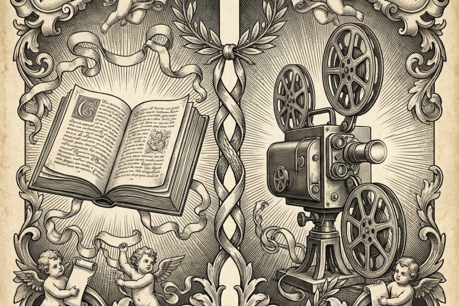 Gravura clássica em preto e branco no estilo do século XVII mostrando um livro aberto irradiando luz à esquerda e um projetor de cinema vintage à direita, conectados por fitas entrelaçadas e decorações barrocas, com querubins nos cantos e cartuchos ornamentados marcados 'LITERATURA' e 'CINEMA'
