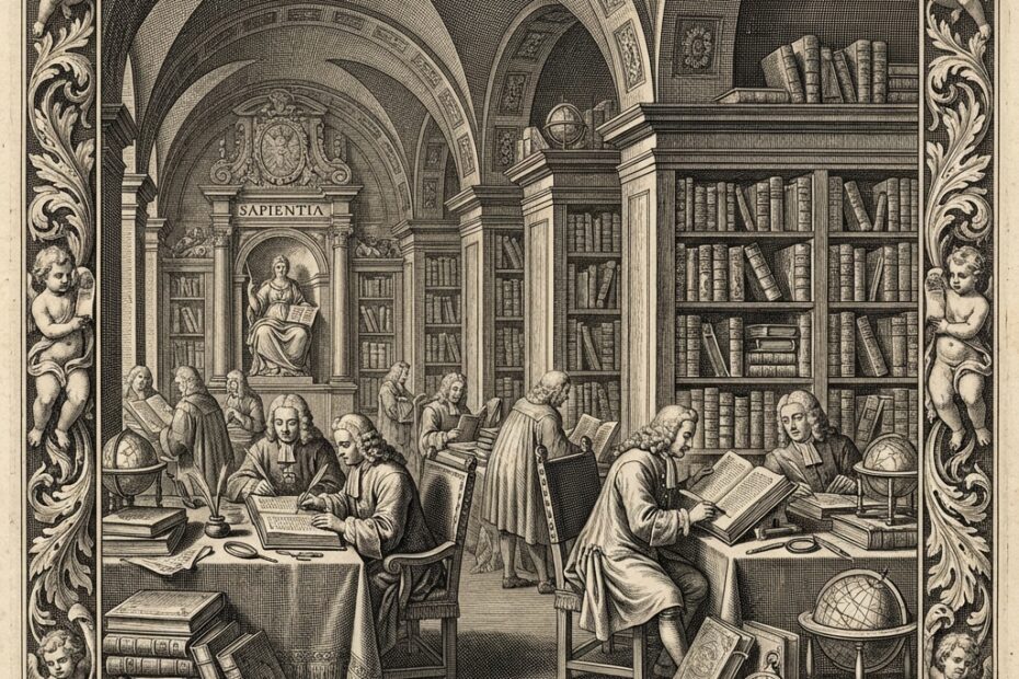17th century style black and white engraving of classical library with scholars studying ancient books in baroque style