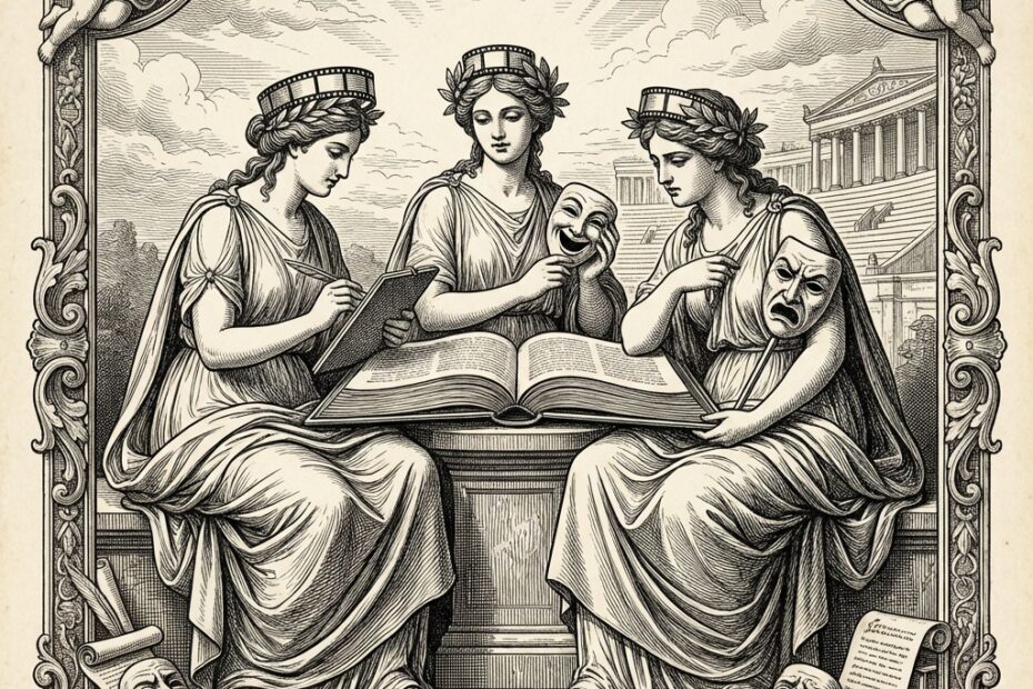 Classical 17th century engraving depicting the Muses of literature and drama gathered around an open book with theatrical masks, scrolls, and a Greek amphitheater in the background - representing the timeless journey from books to cinema