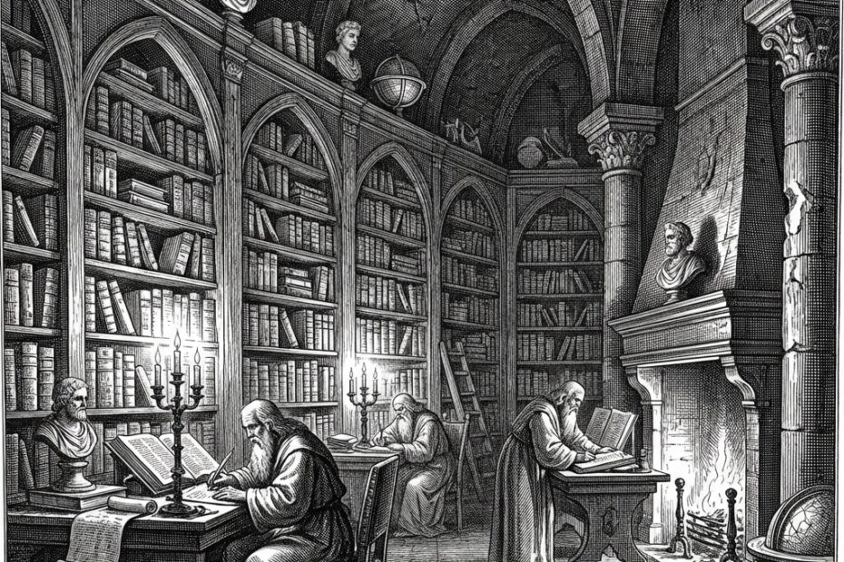 17th century style black and white engraving of gothic library with ancient scholars in Piranesi architectural etching style