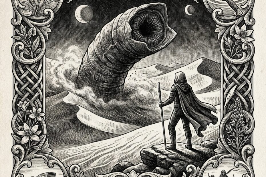 Classical 17th century engraving depicting a massive sandworm emerging from the desert dunes of Arrakis under twin moons, with a solitary figure in a stillsuit standing on a sand dune - representing the epic world of Dune by Frank Herbert
