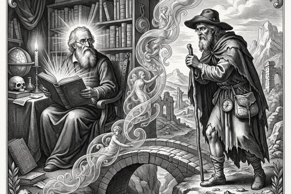 Gravura clássica em preto e branco no estilo do século XVII mostrando um sábio estudioso cercado por livros iluminados à esquerda e um viajante experiente com cajado à direita, conectados por uma ponte simbólica representando a síntese entre conhecimento livresco e experiência vivida
