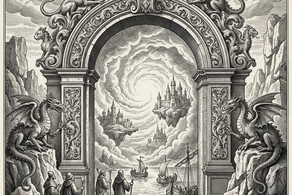 17th century style black and white engraving of mythological portal between worlds with dragons and castles in Gustave Doré style