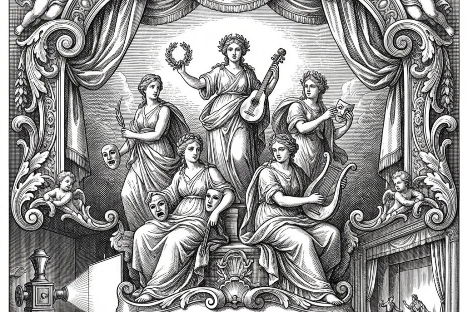17th century style black and white engraving of theatrical muses and dramatic arts with baroque aesthetic and intricate crosshatching