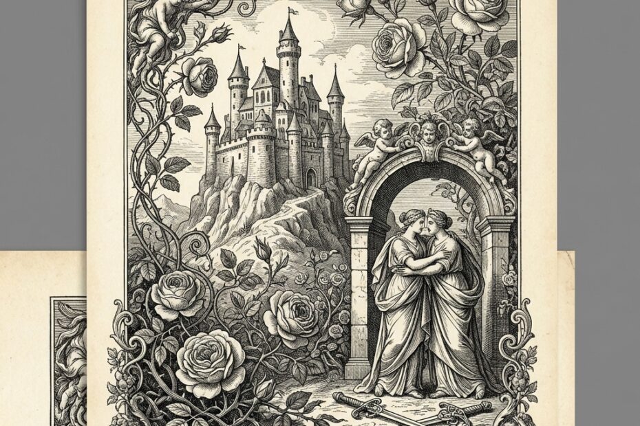 17th century style black and white engraving of romantic fantasy castle with roses and crossed swords in detailed baroque style
