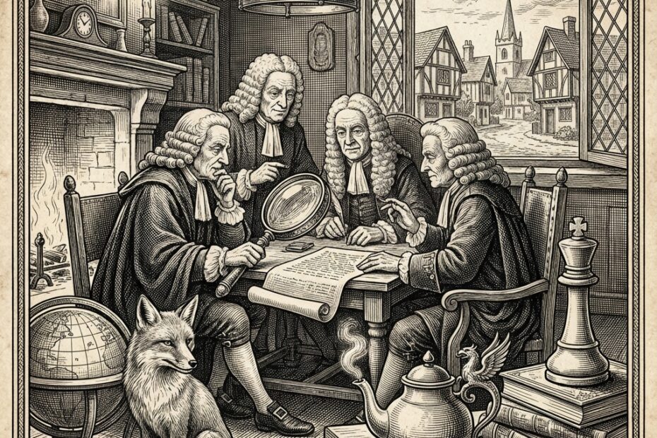 Engraving of four friends solving a mystery in an English village