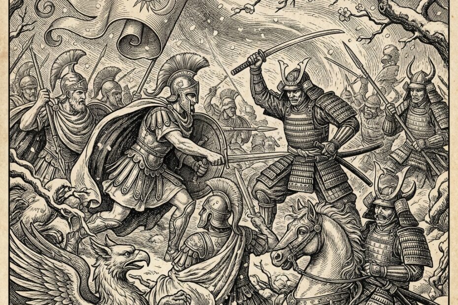 17th century style black and white engraving depicting mythological warriors and samurai in dramatic winter battle with intricate baroque crosshatching