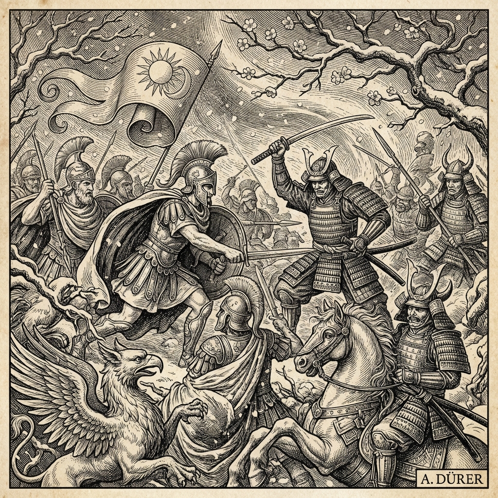 17th century style black and white engraving depicting mythological warriors and samurai in dramatic winter battle with intricate baroque crosshatching