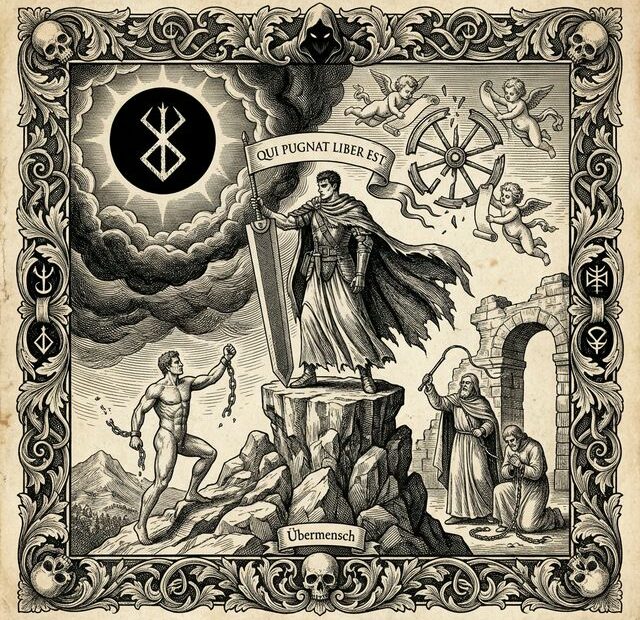 Classical 17th-century style black and white engraving depicting Berserk's philosophy of struggle through mythological allegory. Central heroic figure of Guts as warrior-philosopher in flowing robes and armor, wielding the massive Dragonslayer sword in defiant stance against cosmic forces. Surrounded by allegorical figures representing Nietzschean concepts: the Übermensch ascending toward enlightenment, broken chains of causality symbolizing freedom from fate, and the duality of master versus slave morality depicted through contrasting figures. Latin banner at top reading 'Qui Pugnat Liber Est' (He Who Struggles Is Free). Baroque composition blending classical mythology with dark fantasy philosophy. Floating symbolic elements include broken wheel of fate, eclipse imagery representing the Eclipse event, and the Brand of Sacrifice rendered as mystical sigil. Dramatic contrast between illuminated areas (free will, self-determination, authentic existence) and deep shadows (causality, determinism, cosmic order). Allegorical cherubs representing companions and chosen bonds of authentic connection. Background elements include the Idea of Evil as shadowy presence and Griffith's transformation as cautionary tale of false transcendence. Intricate cross-hatching technique reminiscent of Albrecht Dürer and Gustave Doré. Gothic architectural elements suggesting the struggle against predetermined cosmic order. Dramatic chiaroscuro lighting creating depth and philosophical gravitas. Highly detailed ornamental border featuring philosophical symbols—eternal return, will to power, self-overcoming—rendered as traditional acanthus leaves and Renaissance decorative motifs. Museum-quality engraving aesthetic merging classical art tradition with Berserk's existentialist themes, capturing the manga's profound meditation on struggle, meaning, and human freedom.