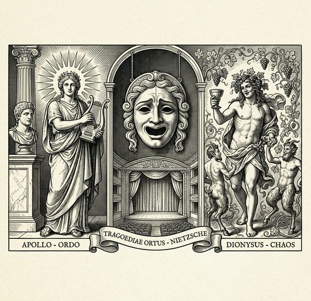 Detailed classical engraving depicting Apollo and Dionysus, symbolizing the duality between order and chaos in Nietzsche's The Birth of Tragedy