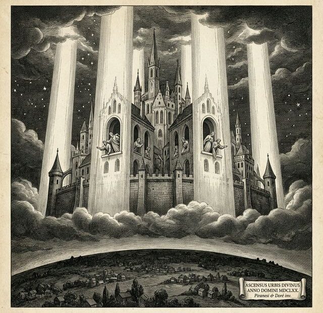 Classical 17th-century engraving of a Gothic city ascending from Earth into the heavens on pillars of divine light, in the style of Piranesi and Doré. Illustration for Cities in Flight by James Blish.