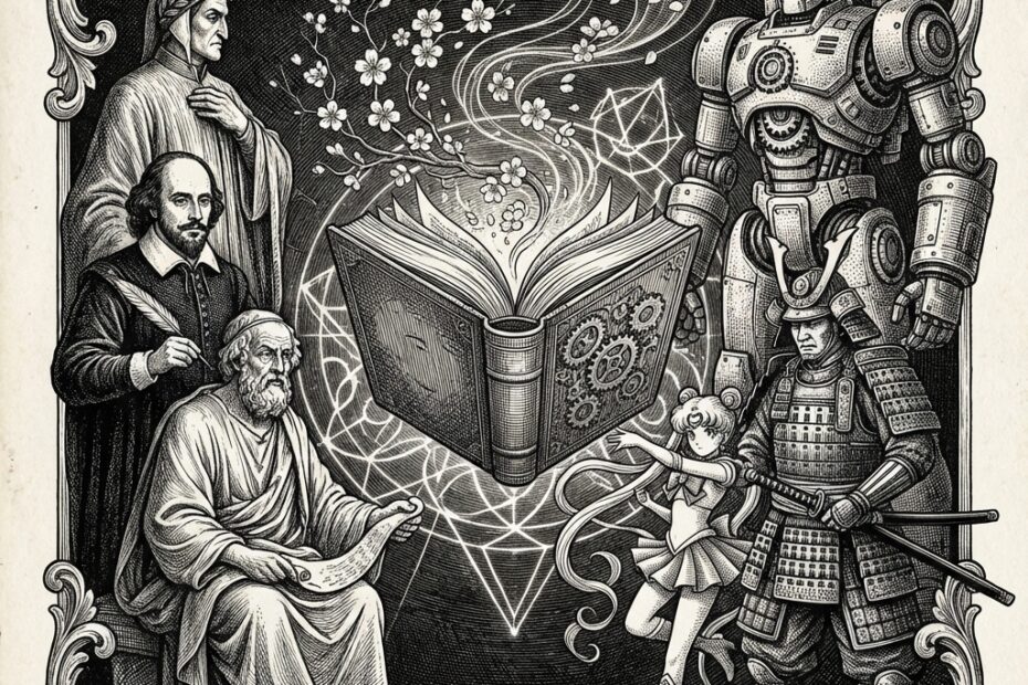 Detailed 17th century style black and white engraving showing classical Western literary figures including Dante, Shakespeare and Homer on the left, with an ornate book at center transforming into cherry blossoms and geometric patterns, merging with Japanese anime elements including a mecha robot, samurai warrior and magical girl on the right, all rendered in intricate baroque cross-hatching and stippling technique
