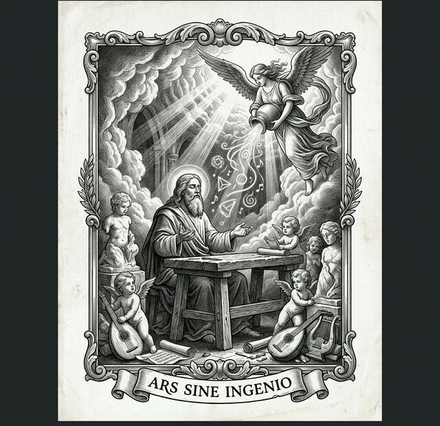 Classical 17th-century engraving showing a divine artist listening with open hands as a muse pours inspiration from above, surrounded by cherubs and unfinished works — Ars Sine Ingenio — cover for Rick Rubin's The Creative Act: Why Talent is Overrated.