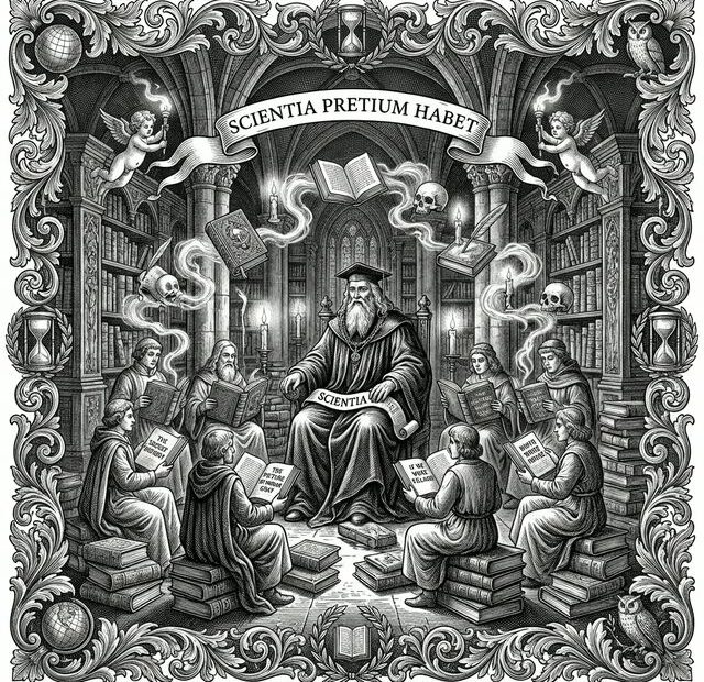 Classical 17th-century style black and white engraving depicting the Dark Academia theme in baroque composition. Central allegorical figure of Knowledge portrayed as a bearded robed scholar holding an open book with 'SCIENTIA' inscription, seated majestically in a Gothic library with towering bookshelves and classical columns. Ten disciples arranged in a semicircle around the central figure, each seated on stacks of books and holding different volumes representing the ten essential Dark Academia books. Latin banner at top reading 'SCIENTIA PRETIUM HABET' (Knowledge Has a Price). Floating books connected by ethereal wisps ascending toward the heavens. Memento mori symbolism with skulls positioned in the composition. Baroque cherubs holding torches of enlightenment in upper corners. Intricate cross-hatching technique reminiscent of Albrecht Dürer and Gustave Doré. Dramatic chiaroscuro lighting creating depth and mystery. Highly detailed ornamental border featuring acanthus leaves, hourglasses, owls, and academic symbols in Renaissance style. Museum-quality engraving aesthetic capturing the essence of intellectual pursuit and moral ambiguity central to Dark Academia literature.