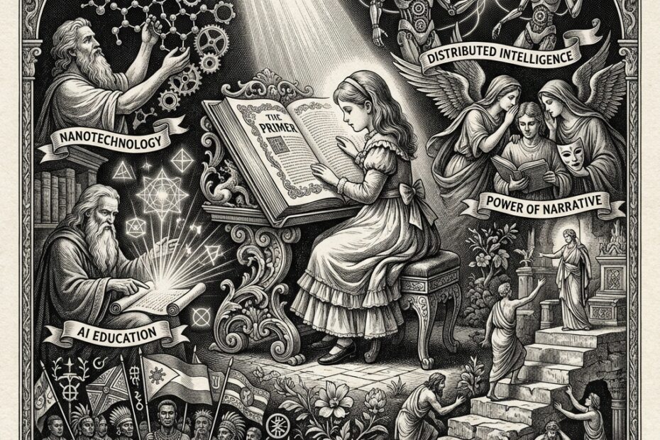 Detailed 17th century baroque engraving showing young Nell in Victorian dress reading the Illustrated Primer at center, illuminated by divine light from above, surrounded by six allegorical figures representing the revolutionary ideas from The Diamond Age: a scholar with molecular structures for nanotechnology, a wise teacher with transforming scrolls for AI education, tribal banners for post-national identity, figures on ascending steps showing digital divide, mythological muses for power of narrative, and hybrid human-mechanical beings for distributed intelligence, all rendered in intricate cross-hatching and stippling technique with ornamental baroque border
