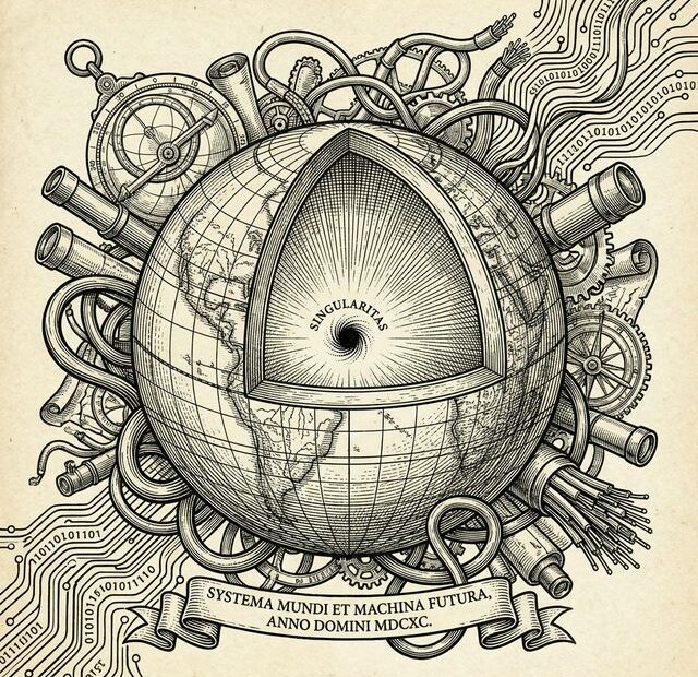 Detailed engraving of Earth with a singularity core and scientific instruments in 17th-century style