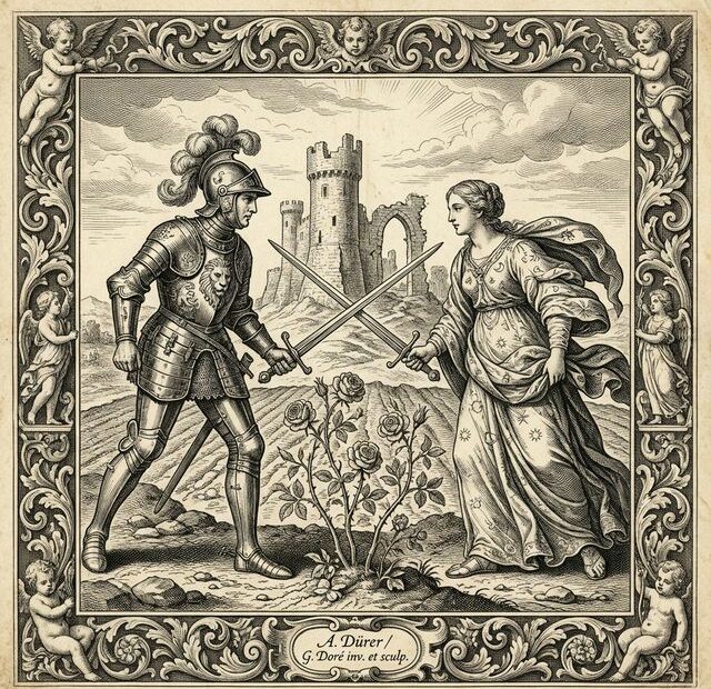 Gravura clássica em preto e branco do século XVII mostrando um cavaleiro de armadura e uma guerreira com espada cruzando suas armas em um campo de batalha, enquanto rosas florescem entre eles. Ao fundo, um castelo em ruínas simboliza as barreiras se desfazendo. Arte detalhada em estilo barroco representando o tema 'inimigos que se tornam amantes' na literatura de fantasia.