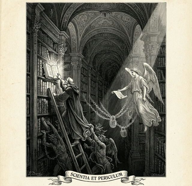 Classical 17th-century engraving of a grand baroque library where a scholar reaches for a forbidden glowing tome while demons pull at his robes from below and an angel offers a free scroll from the light — Scientia et Periculum — cover for Why You Should Stop Searching for Free PDF Downloads.