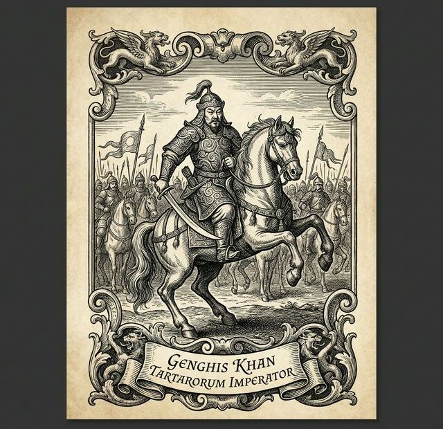 Detailed classical engraving of Genghis Khan on horseback leading an army, 17th-century style