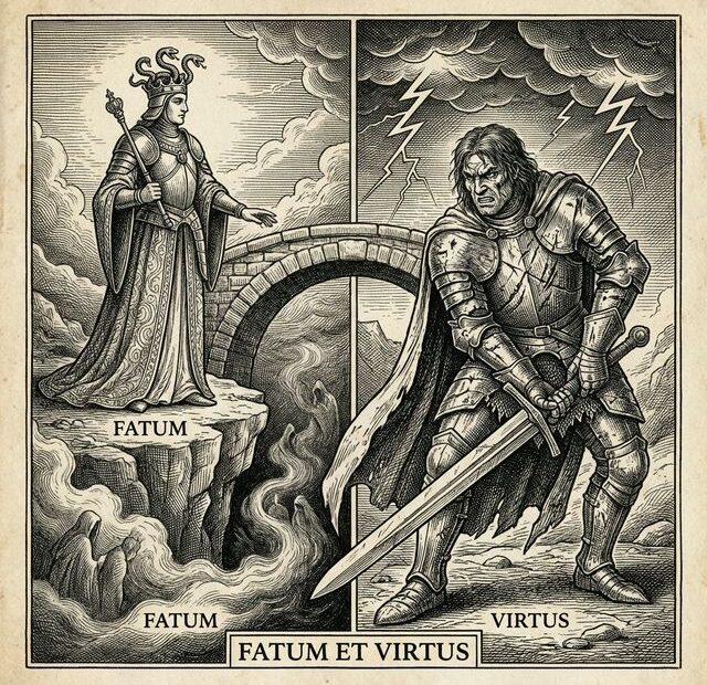Classical 17th-century diptych engraving showing a regal prince with serpent crown confronting a battle-scarred warrior with a massive broadsword on a stone bridge over an abyss — Fatum et Virtus — cover for Griffith vs. Guts: The Stoic vs. The Machiavellian Mindset.