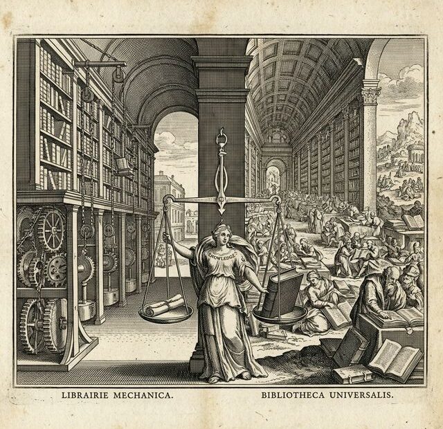 Detailed engraving comparing Project Gutenberg and Open Library as two grand 17th-century libraries