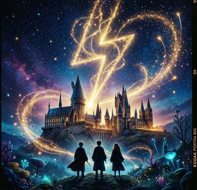 Ilustração mágica de Hogwarts sob um céu estrelado com trilhas douradas de magia formando uma cicatriz em forma de raio, enquanto três jovens bruxos contemplam o castelo - representando a jornada épica de Harry Potter, Hermione Granger e Ron Weasley