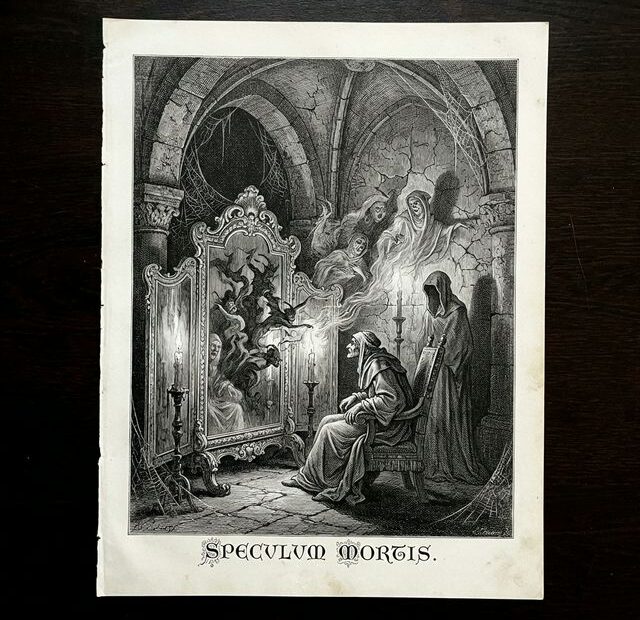 Classical 17th-century engraving showing a robed scholar before a baroque scrying mirror with ghostly apparitions emerging — Speculum Mortis — cover for Top 10 Underrated Horror Movies on Netflix.