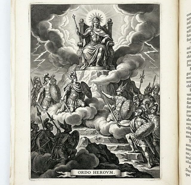 Classical 17th-century engraving of a divine pantheon of armored heroes arranged in tiers on Mount Olympus — Ordo Heroum — cover for Ranking Every Marvel Movie From Worst to Best.