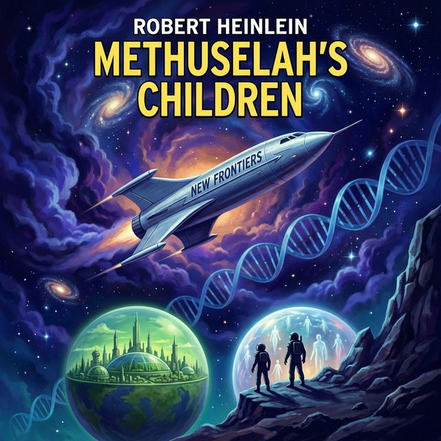 Science fiction illustration showing the starship New Frontiers traveling through space with alien planets and DNA patterns, representing Methuselah's Children by Robert Heinlein