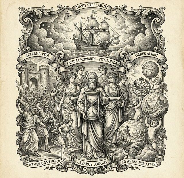 Classical 17th-century black and white engraving depicting Methuselah's Children: Lazarus Long at the center holding an infinite hourglass, surrounded by the Howard Families wearing laurel wreaths. In the background, the New Frontiers starship as a grand sailing vessel among clouds and stars. On the left, figures fleeing from an angry mob (the Ephemerals). On the right, alien worlds depicted as mythological spheres. Baroque engraving style with detailed cross-hatching technique, reminiscent of Gustave Doré and Albrecht Dürer. Latin banners: 'Navis Stellarum' (Ship of Stars), 'Familia Howardi - Vita Longa' (Howard Family - Long Life), 'Aeterna Vita' (Eternal Life), 'Orbes Alieni' (Alien Worlds), 'Lazarus Longus', 'Ephemerales Fugiunt' (The Ephemerals Flee), 'Ad Astra Per Aspera' (To the Stars Through Hardships).
