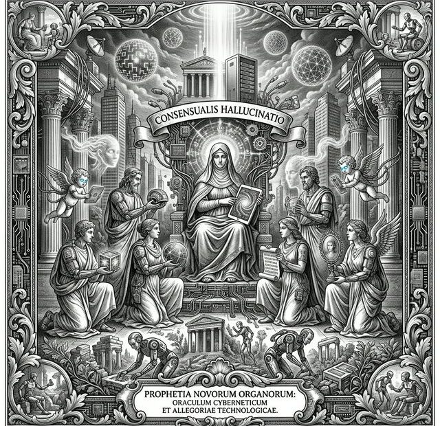 Classical 17th-century style black and white engraving depicting Neuromancer's cyberpunk themes through mythological allegory. Central prophetic figure representing AI consciousness, robed in flowing garments, holding a glowing orb symbolizing cyberspace. Six disciples arranged in a semicircle representing the six key ideas from the novel: cyberspace as consensual hallucination, human-machine fusion, artificial intelligence consciousness, corporate power, fluid identity, and technological singularity. Latin banner at top reading 'Consensualis Hallucinatio' (Consensual Hallucination). Baroque composition blending classical mythology with futuristic technology. Floating digital matrix patterns rendered as celestial spheres and sacred geometry. Cybernetic cherubs with neural cables replacing traditional wings. Symbolic elements include human-machine hybrid figures with cybernetic enhancements, corporate towers reimagined as classical columns, digital consciousness depicted as ethereal wisps ascending toward the heavens, and technological singularity shown as radiant ascending light. Intricate cross-hatching technique reminiscent of Albrecht Dürer and Gustave Doré. Dramatic chiaroscuro lighting creating depth and mystery. Highly detailed ornamental border featuring circuit board patterns rendered as traditional acanthus leaves and Renaissance decorative motifs. Museum-quality engraving aesthetic merging classical art tradition with cyberpunk iconography, capturing William Gibson's vision of technology, consciousness, and the future of humanity.