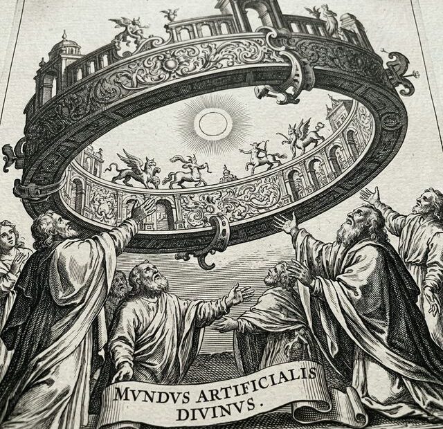 Classical 17th-century style engraving depicting the Ringworld — a colossal ring-shaped artificial world encircling a sun, with robed scholars gazing in awe. Illustration for Larry Niven's Ringworld.