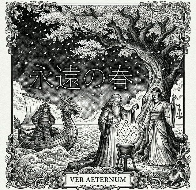 Classical engraving blending European baroque and Japanese woodblock styles — a warrior, alchemist and deity beneath cherry blossoms — Ver Aeternum — cover for Spring 2026 Anime Chart.