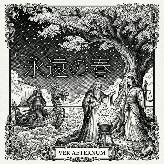 Classical engraving blending European baroque and Japanese woodblock styles — a warrior, alchemist and deity beneath cherry blossoms — Ver Aeternum — cover for Spring 2026 Anime Chart.