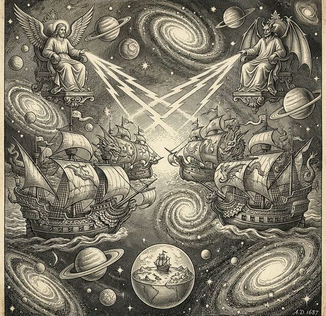 Classical 17th-century engraving of a cosmic battle between two godlike alien civilizations — angelic and demonic figures commanding baroque warships among galaxies, with Earth below. Illustration for Triplanetary by E.E. Doc Smith.