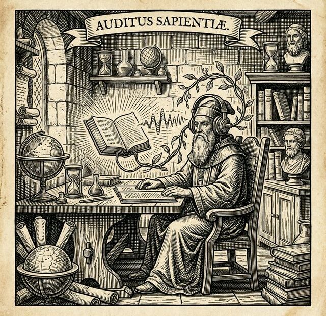 Classic 17th-century engraving of a wizard listening to a magical audiobook