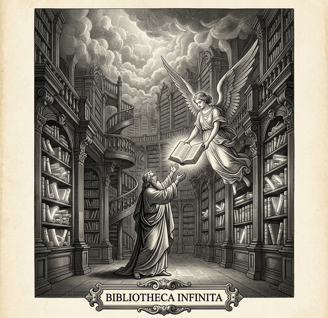 Classical 17th-century engraving of an infinite celestial library where a scholar is handed a glowing book by an angelic archivist — Bibliotheca Infinita.