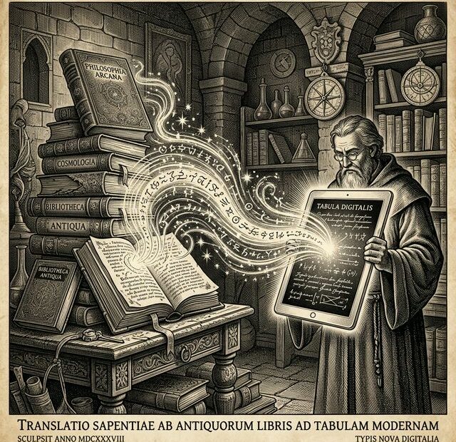 Classic 17th-century engraving showing glowing magic knowledge transferring from ancient books to a modern glowing tablet, symbolizing digital book downloads.