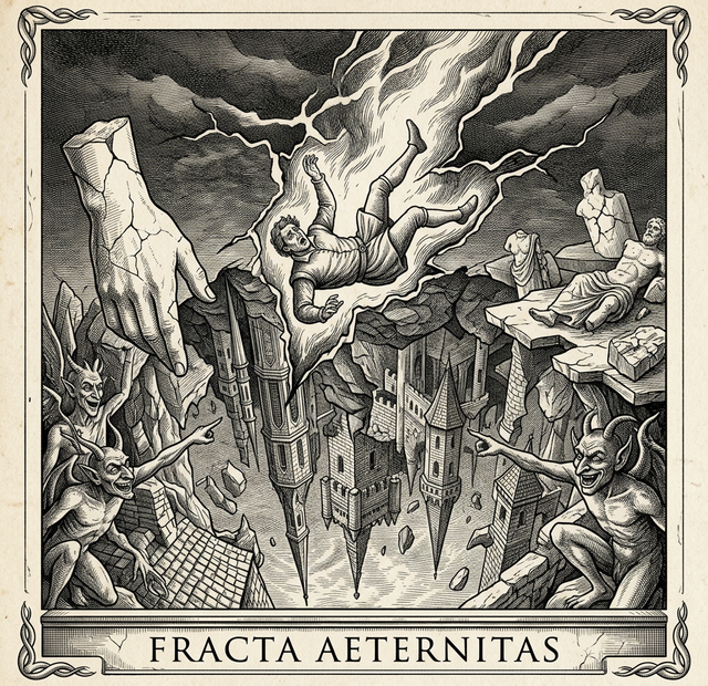 Classical 17th-century engraving of an ordinary man falling backward through a violent tear in the sky into a chaotic inverted fantasy realm — Fracta Aeternitas.