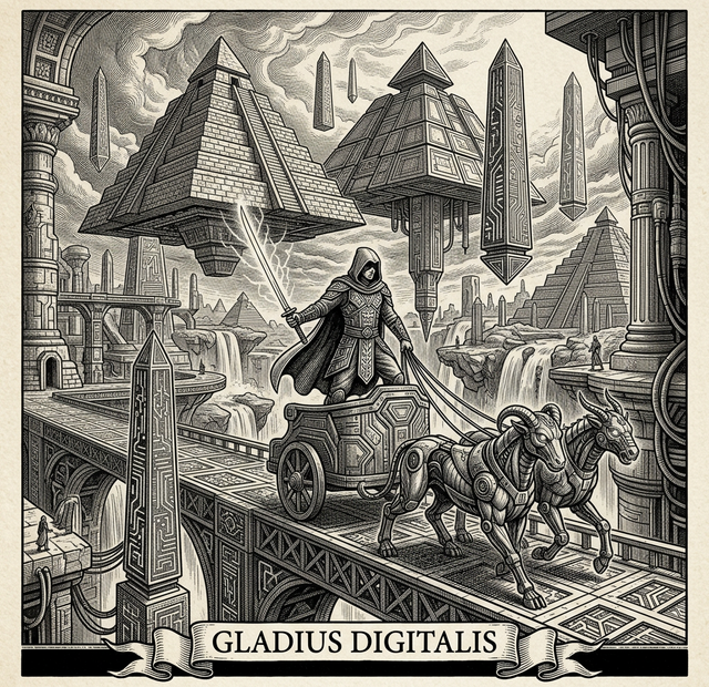 Classical 17th-century engraving representing a surreal cyberspace with floating geometric temples and a hooded assassin riding a cybernetic chariot — Gladius Digitalis.