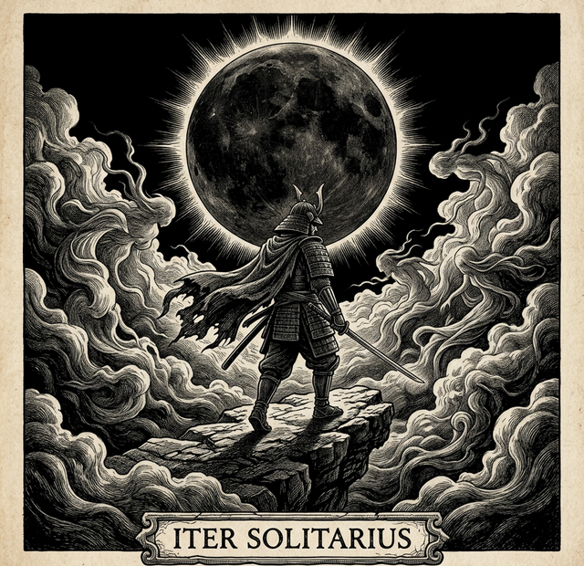 Classical 17th-century engraving of a lone armored samurai wandering through a floating dreamscape under a giant glowing moon — Iter Solitarius.