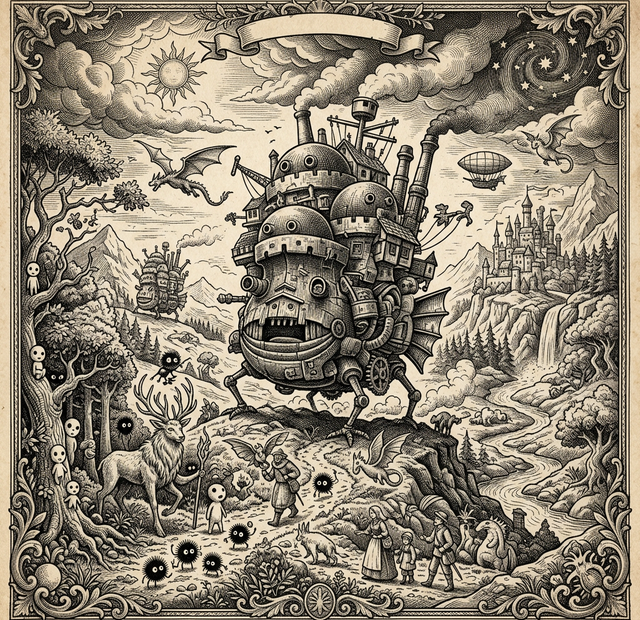 Studio Ghibli inspired classic 17th-century engraving of a mythical moving castle and spirits