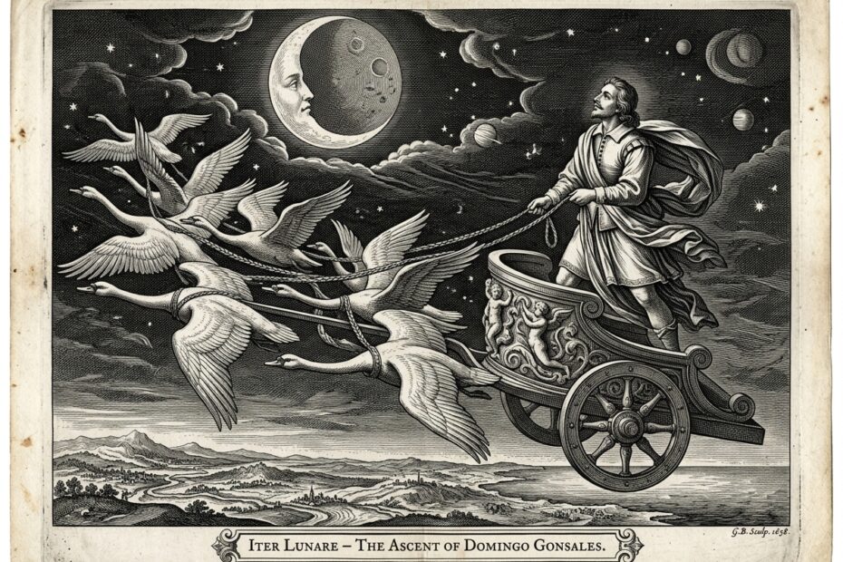 "A 17th-century black and white engraving in classical mythological style, depicting a man in a chariot being pulled to the moon by wild swans (gansas), intricate linework, vintage aesthetic, high contrast."