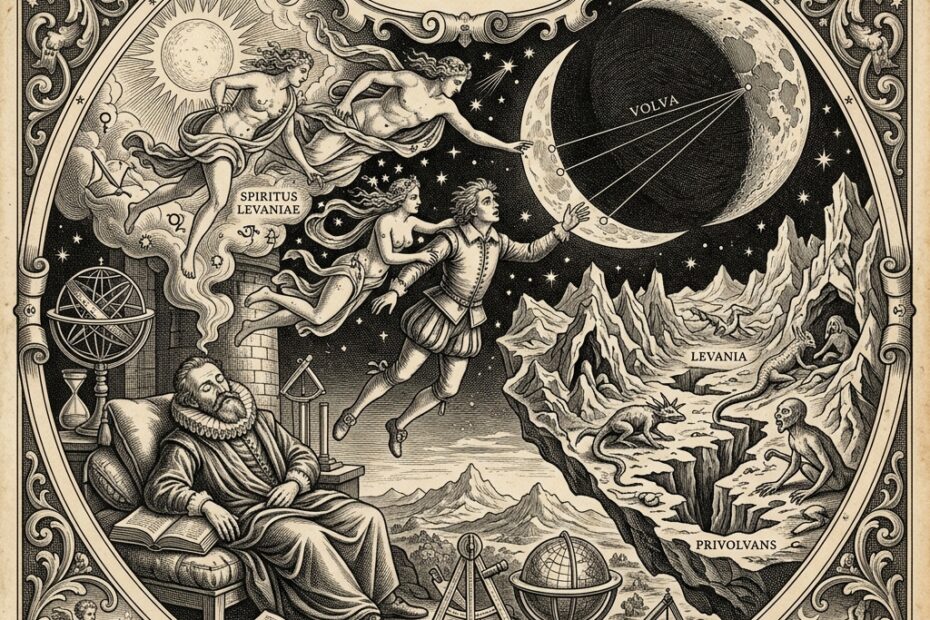 Classic 17th-century engraving representing a dream of a journey to the moon, inspired by Johannes Kepler Somnium